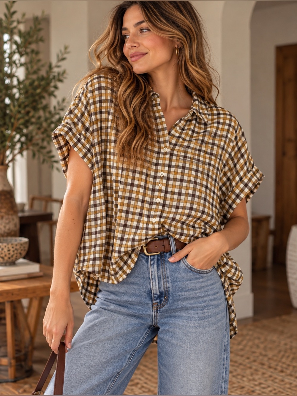 Madewell Gingham Oversized Button Down Shirt Small Brown Mustard Plaid